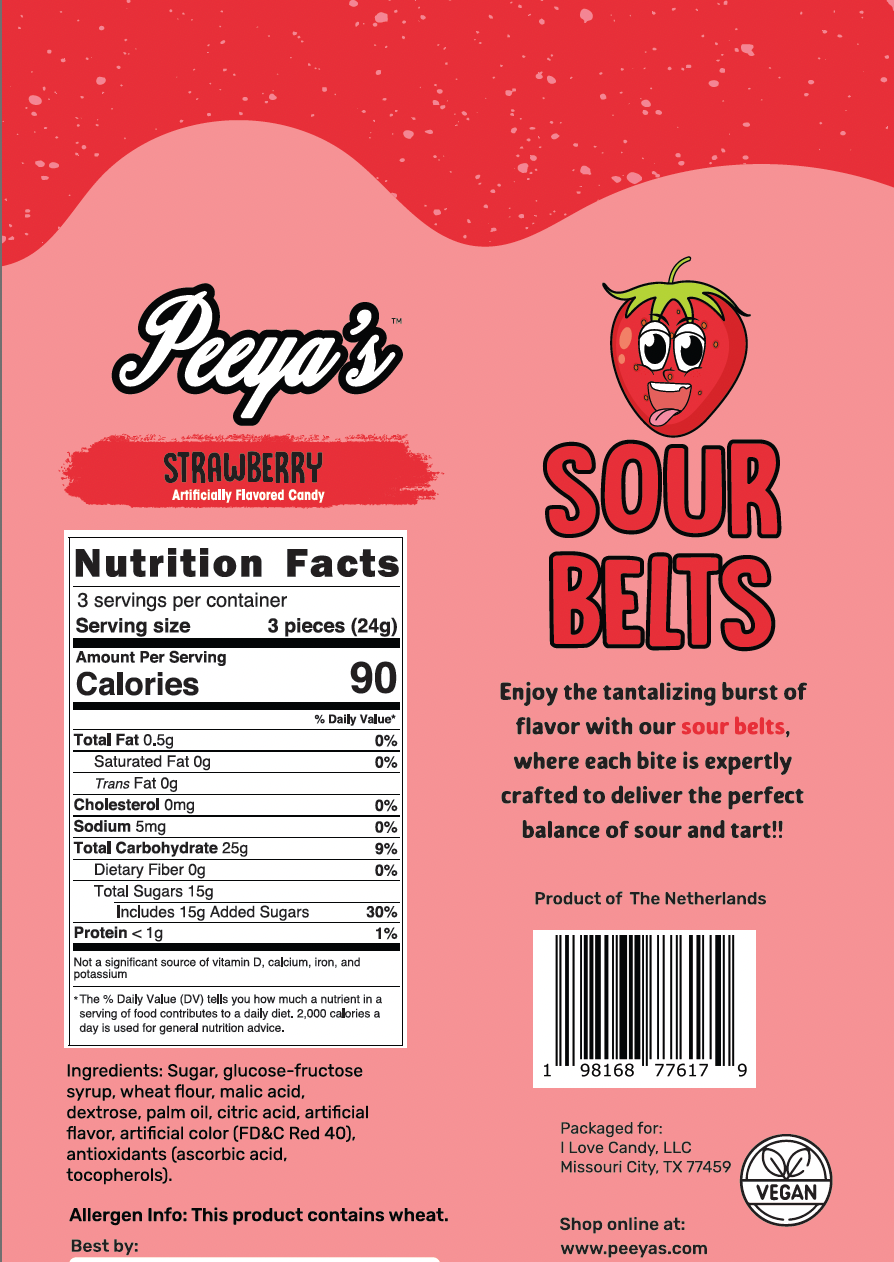 Peeya’s Strawberry Sour Belts- Pack of 6