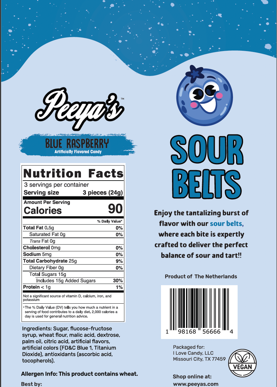 Peeya’s Blue Raspberry Sour Belts- Pack of 6